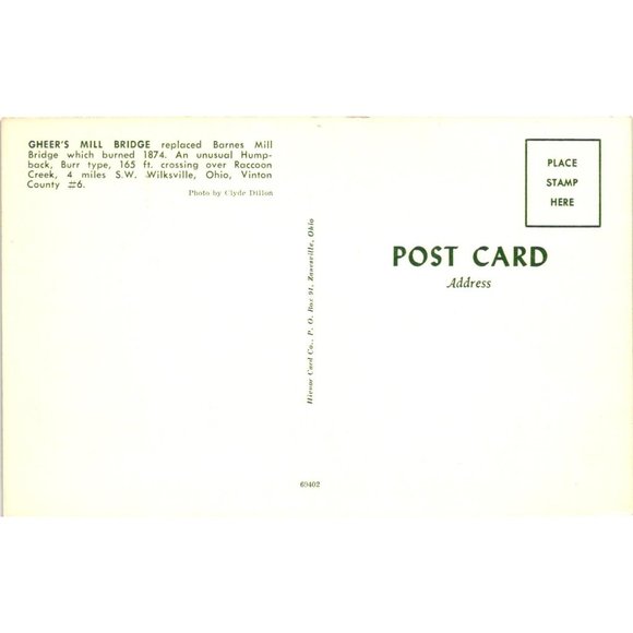 Gheers Mill Covered Bridge Postcard Travel Souvenir Unposted Barnes Mill - Picture 2 of 2